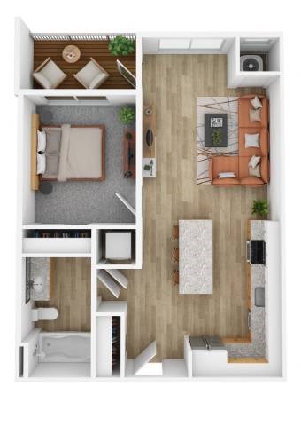 Floor plan for 1 bed, 1 bath, 643 sqft